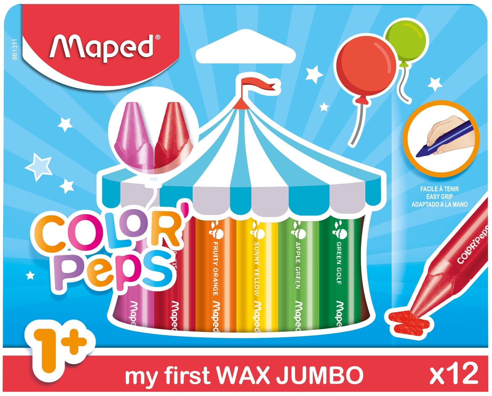 Maped Color'Peps My First Jumbo Wax Crayons - Pack of 12 Colours | Triangular Grip | Age 2+