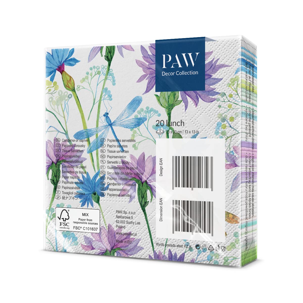 PAW Decor Collection 3-Ply Napkins - Flower With Dragonfly Design | 33 x 33 cm | 20 Count