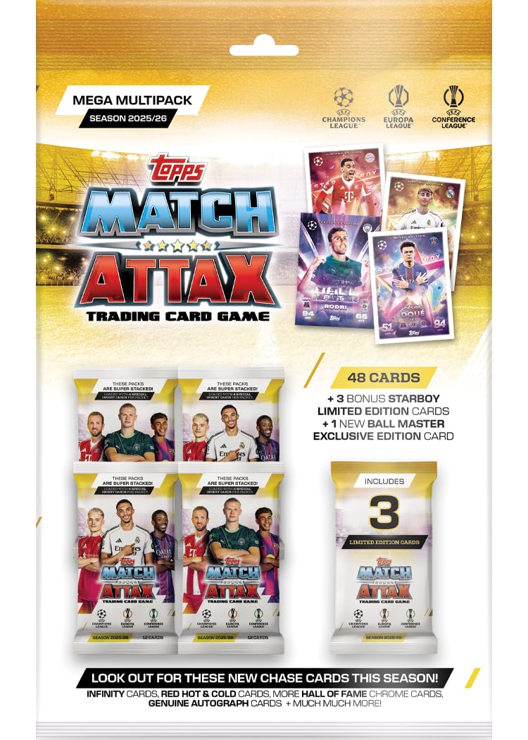 Topps UCC Match Attax 2025/26 - Mega Multipack with 48 Cards, 3 Star Boy LEs & 1 Ball Master LE