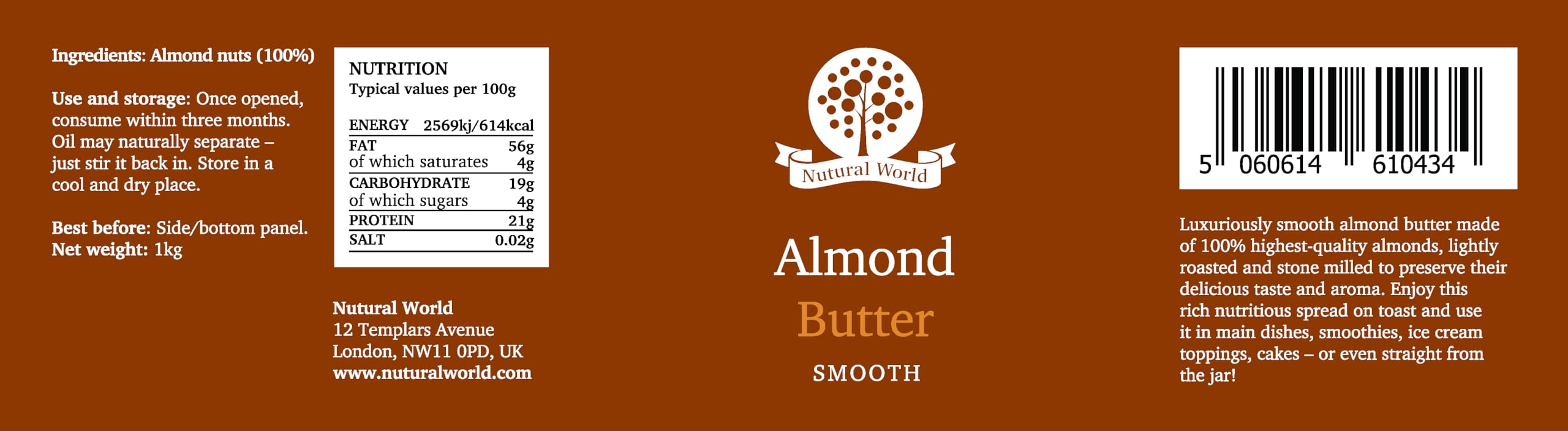 Nutural World - Smooth Almond Nut Butter (1kg) - Glass Jar 3