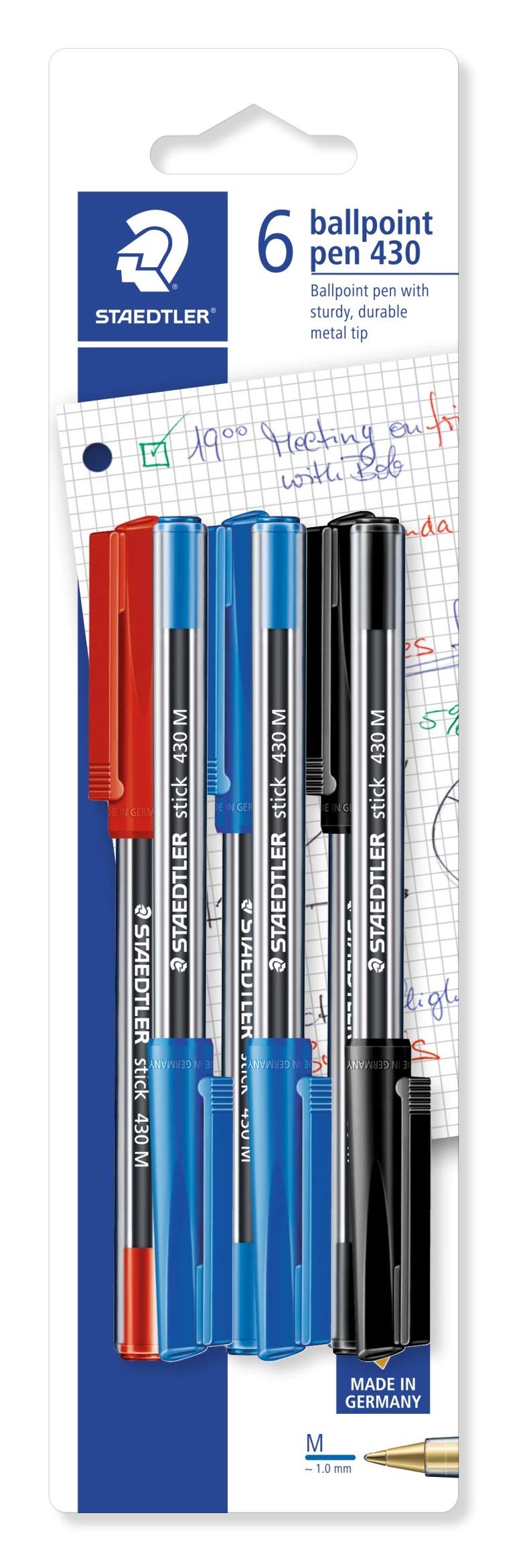 STAEDTLER Stick 430 Ballpoint Pen - Medium Point, Assorted Ink, Pack of 6
