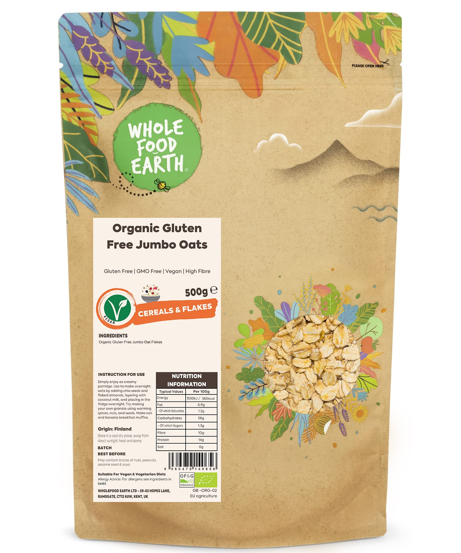 Wholefood Earth Organic Gluten Free Jumbo Oats - 500g | GMO Free | Vegan