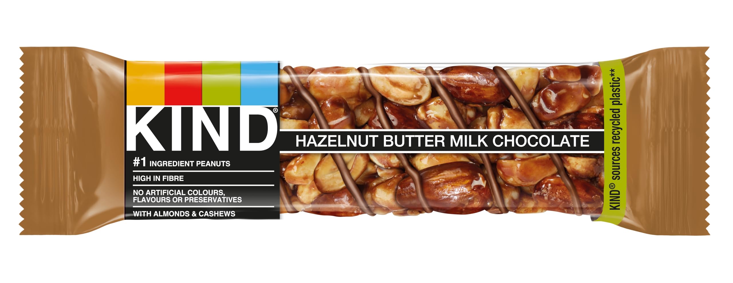 KIND Hazelnut Butter Milk Chocolate Snack Bars, Gluten Free, High Fibre, No Artificial Ingredients, 12 x 40g