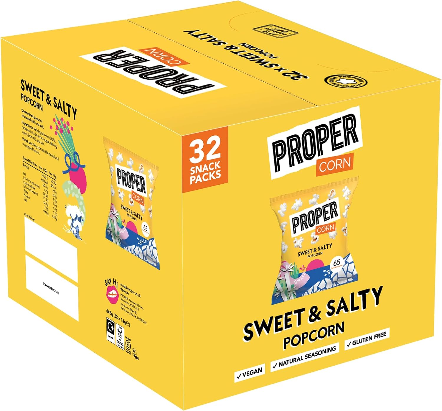 PROPERCORN Sweet & Salty Popcorn - Natural Sea Salt and Demerara Sugar Seasoned Snack, 32 x 14g Packs
