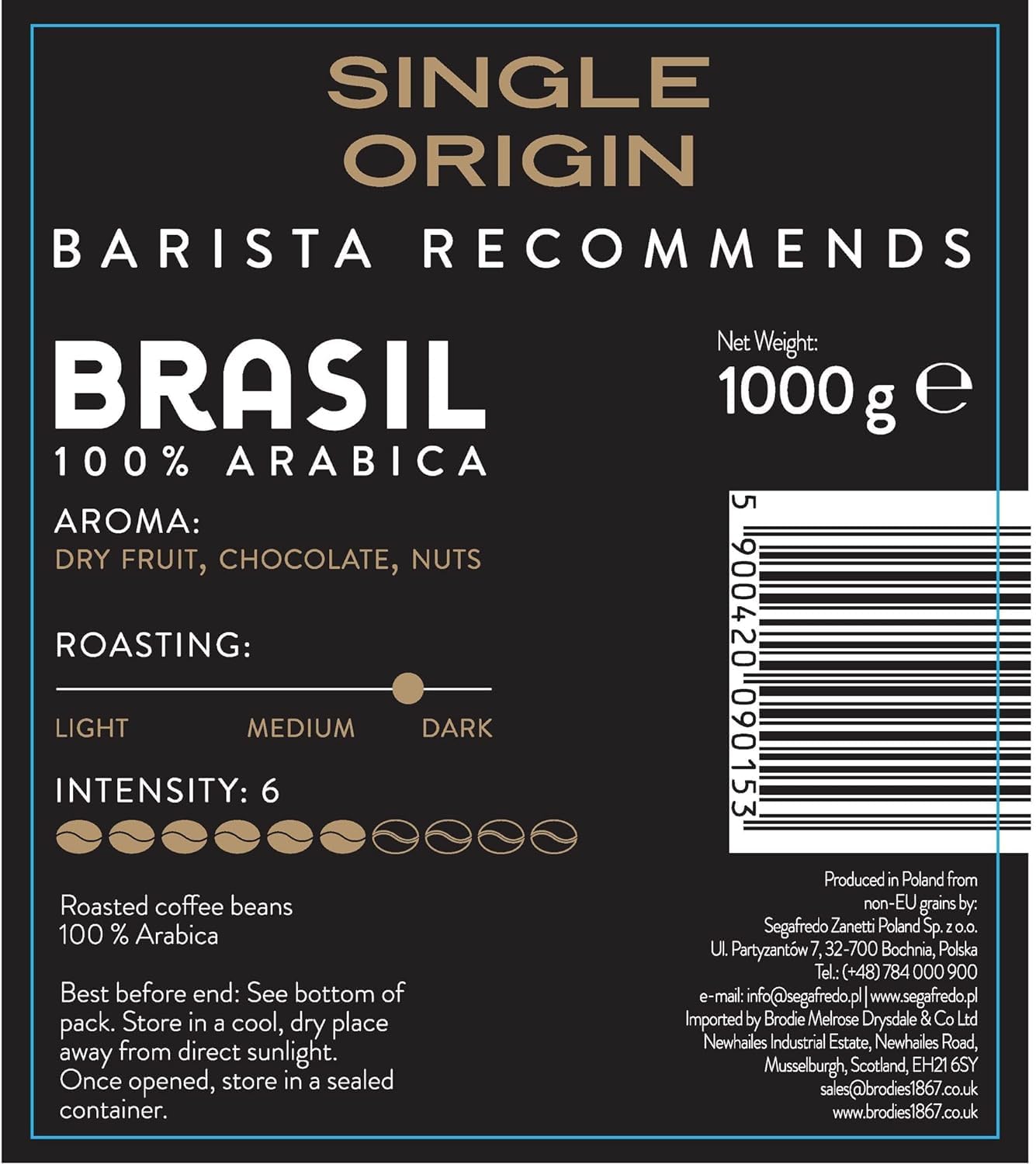 Segafredo Zanetti Single Origin Brasil 100% Arabica Coffee Beans - 1kg 5