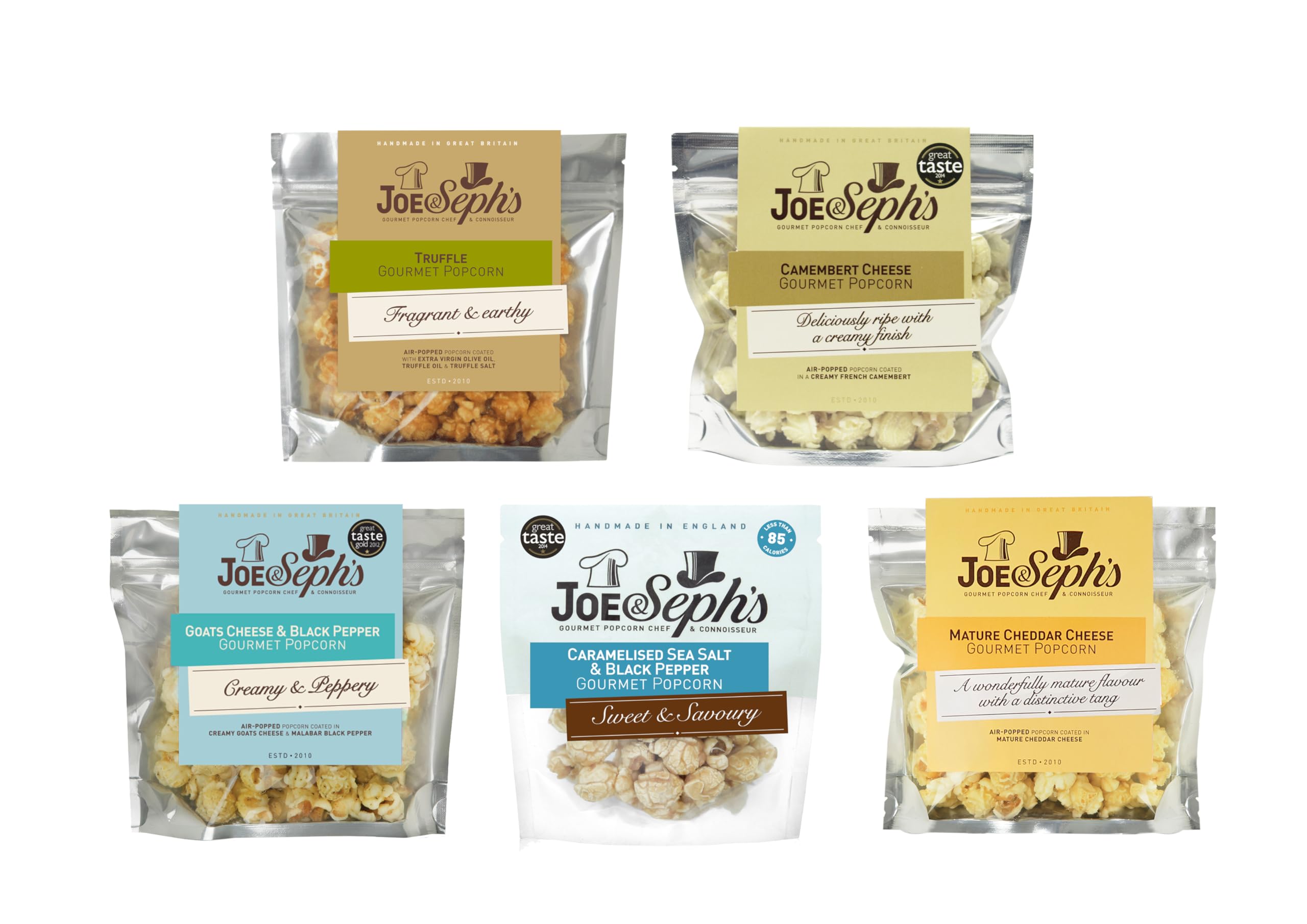 Joe & Seph's Savoury Popcorn Tasting Selection (5x30g) - Goats Cheese & Black Pepper, Cheddar, Truffle, Chilli, Camembert