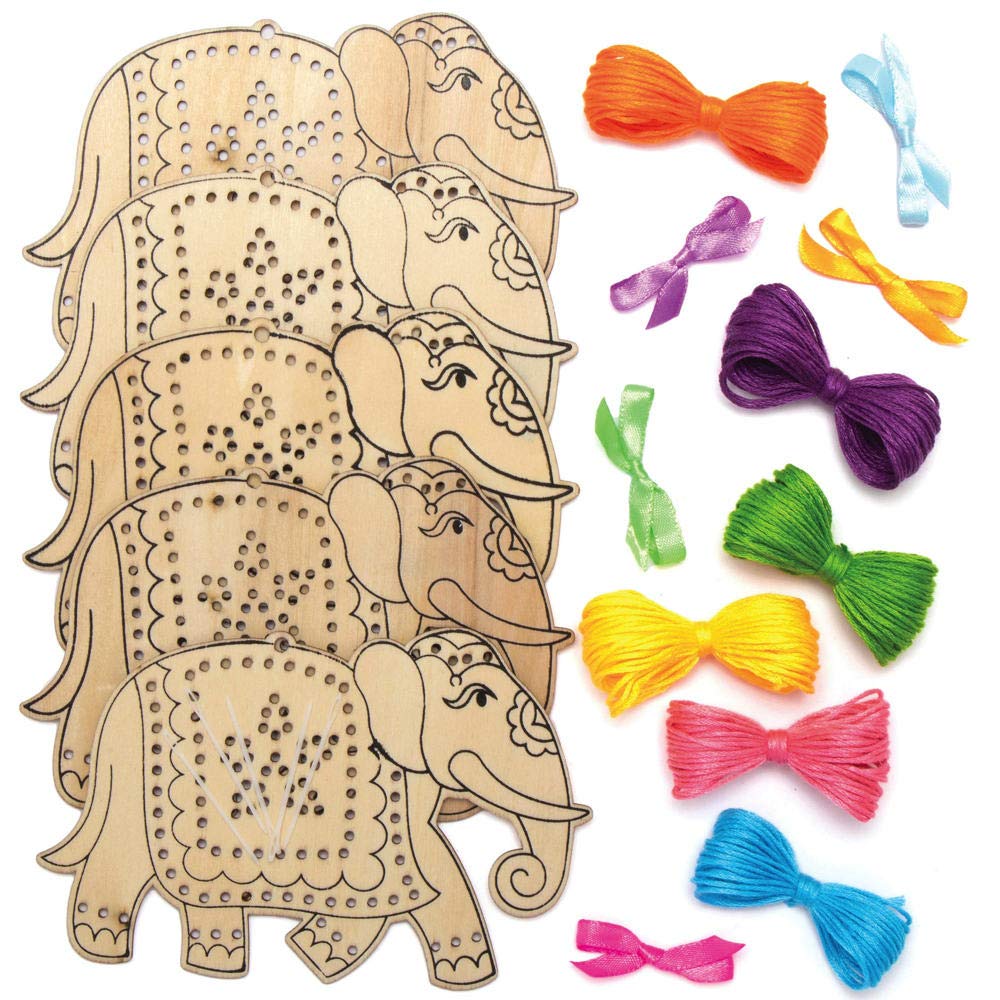 Baker Ross Ambari Elephant Wooden Threading Kits - Pack of 5, Educational Craft for Kids 4