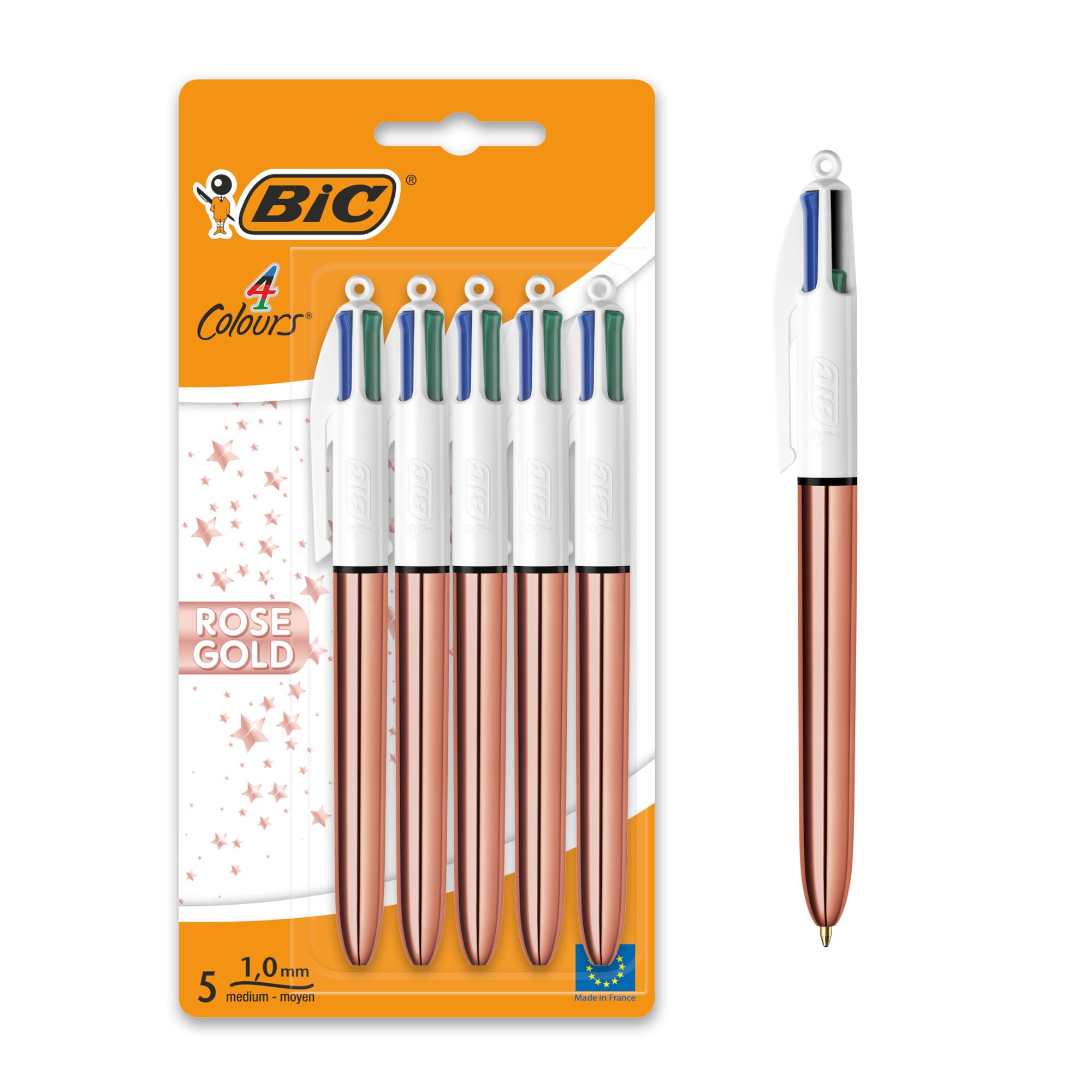 BIC 4 Colours Rose Gold Pen - Pack of 5 Multi-Colour Ballpoint Pens | 1.0mm Tip | Retractable