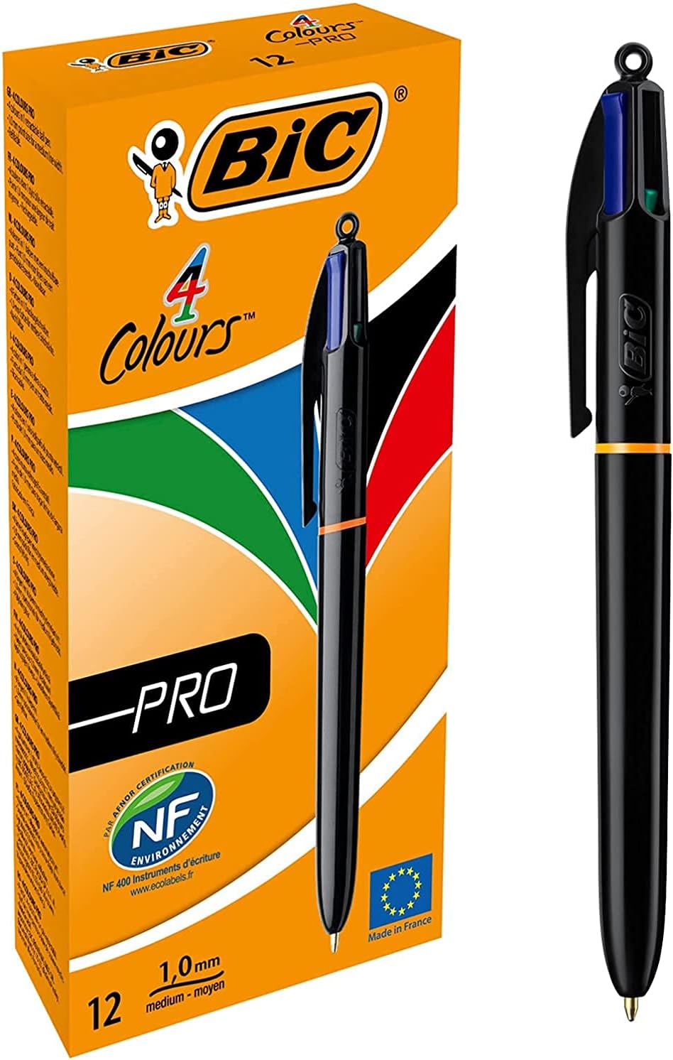 BIC 4 Colours Pro Retractable Ballpoint Pen with Four Ink Colours and Medium Point (1.0 mm), Pack of 12