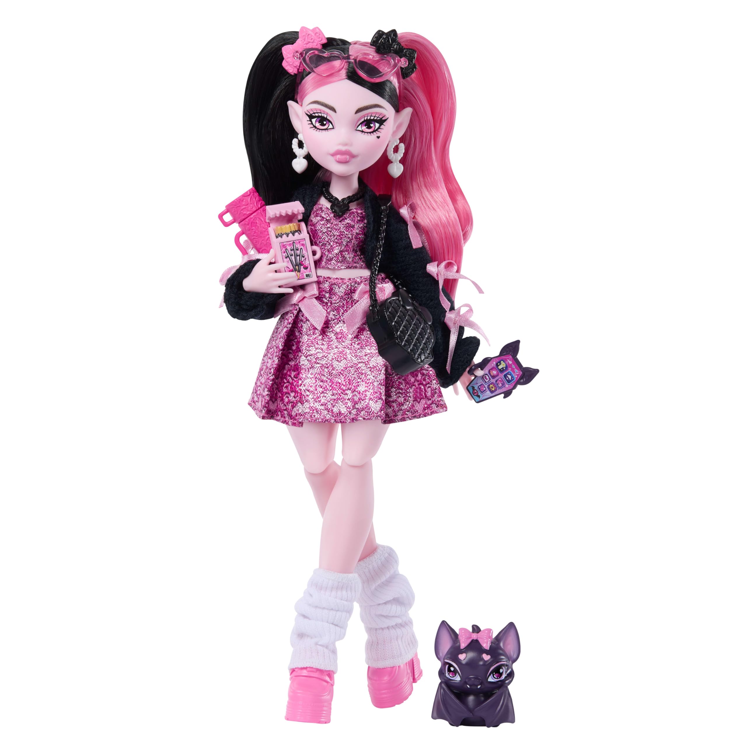 Monster High Draculaura Doll - Pink Bow Dress, Black Cardigan & Pet Bat - 4+ Years