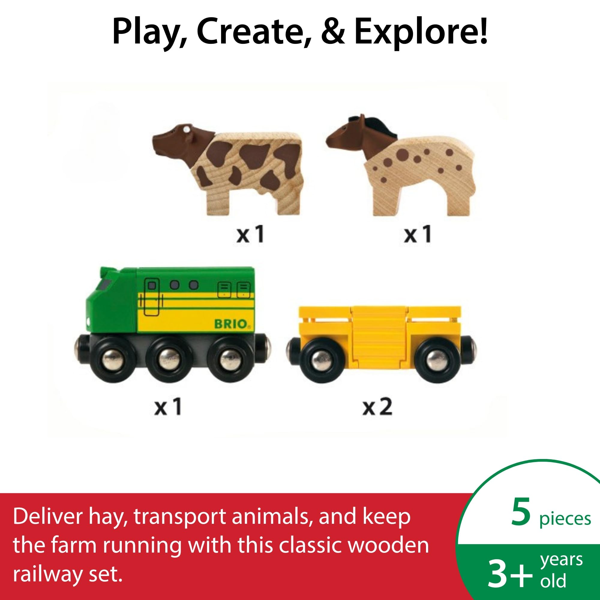 BRIO World Farm Engine Train Toy - Wooden Railway Add-On with Cattle Wagons and Animals 9