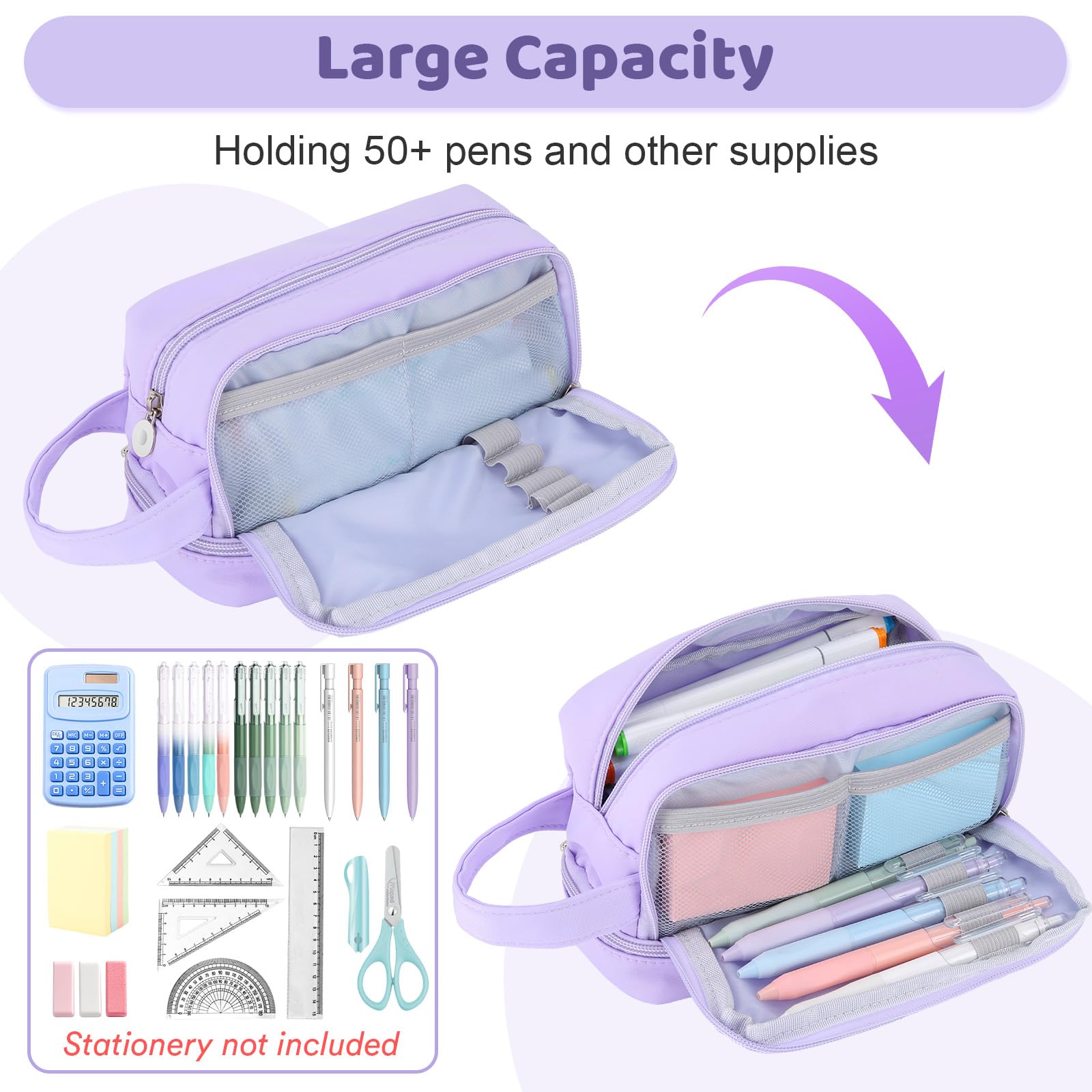 Alyvisun Large Capacity Pencil Case with 3 Compartments | Canvas Material | Purple 2