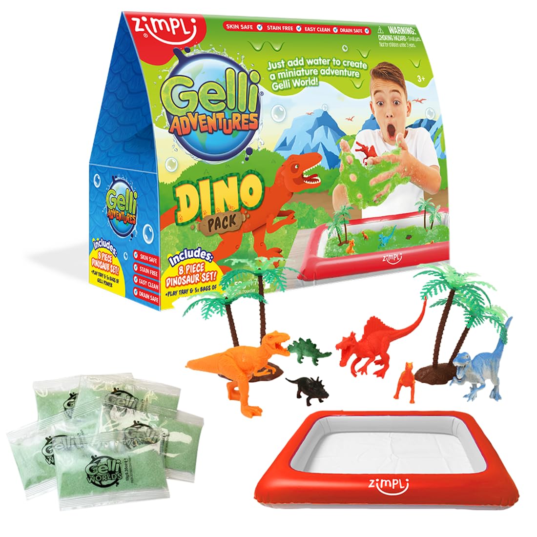 Zimpli Kids Gelli Worlds Dino Pack - 8pc Dinosaur Figures & 5-Use Sensory Play Set 7