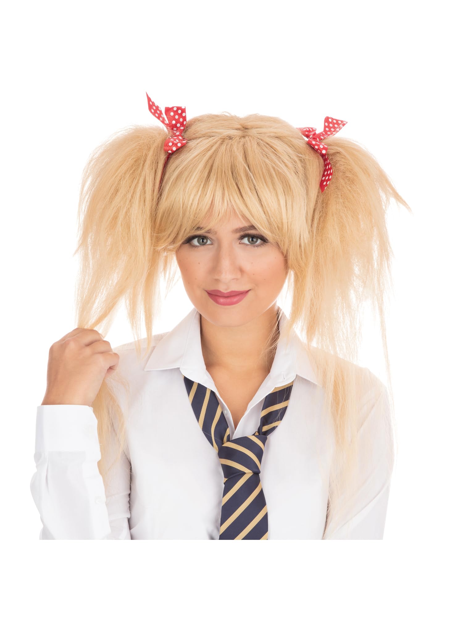 Bristol Novelty Schoolgirl Wig - Blonde with Red Bows | Adult Costume Accessory | One Size