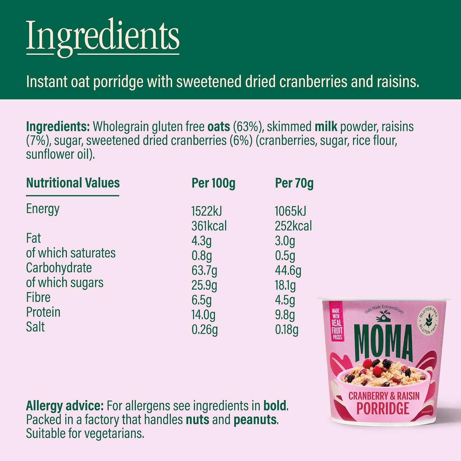 MOMA - Cranberry & Raisin Instant Porridge Pots - Pack of 12 x 70g - Gluten Free, High Fibre, Source of Protein 4