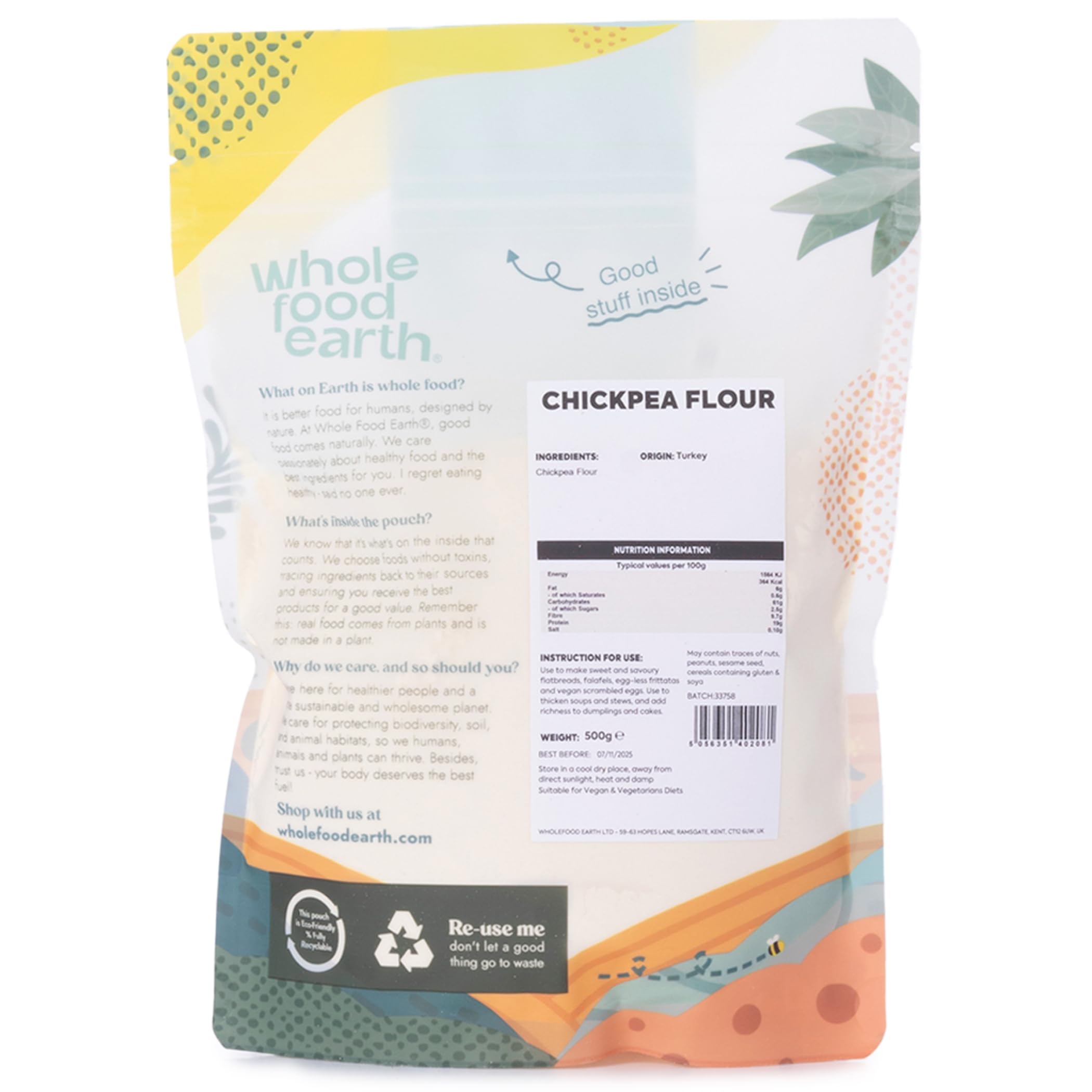 Wholefood Earth Chick Pea Flour 500g | Non-GMO | High Fibre | Vegan | Recyclable Packaging 3