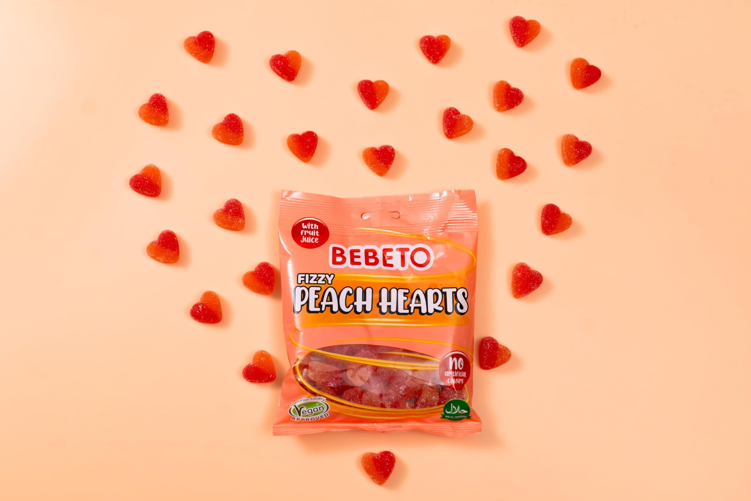 Bebeto Peach Hearts Fizzy Chewy Candy (150g) - Real Fruit Juice, No Artificial Colours 4