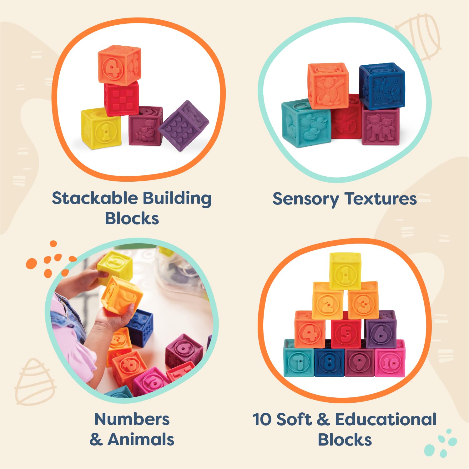 B. Toys One Two Squeeze Baby Blocks - 10 Soft Educational Stacking Blocks for Toddlers 6 Months+ 8