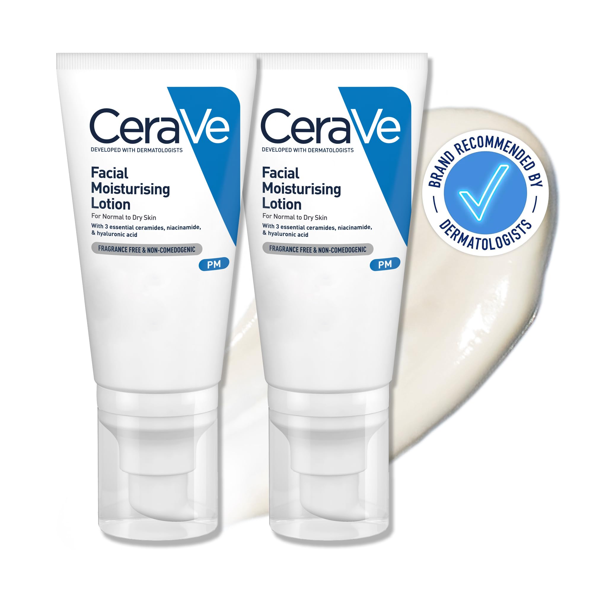 CeraVe PM Daily Facial Moisturiser Lotion for Normal to Dry Skin (2 x 52ml)