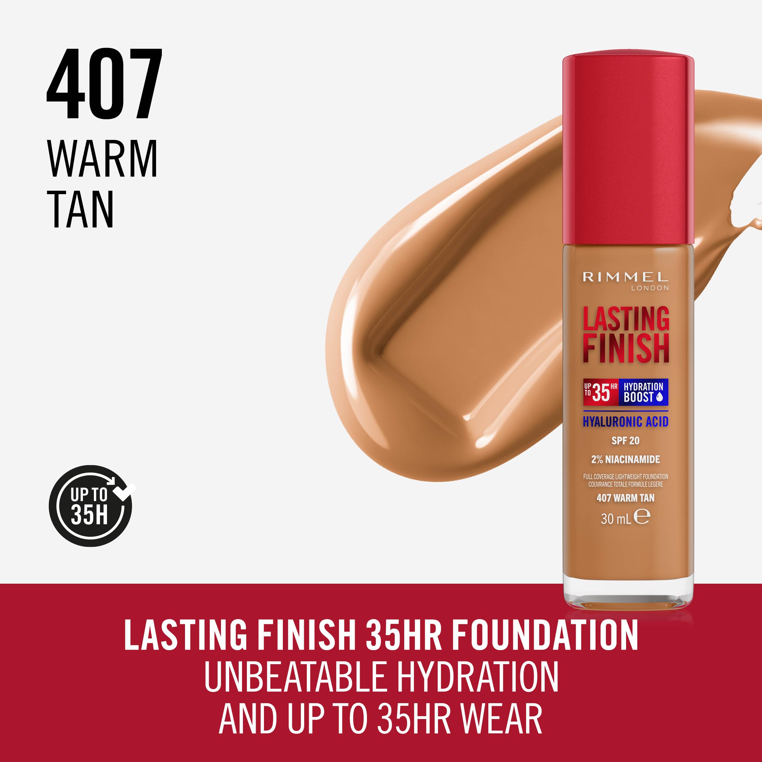 Rimmel - Lasting Finish 35Hr Foundation (Warm Tan 407), Full Coverage, Hydrating, SPF20, Vegan & Cruelty Free