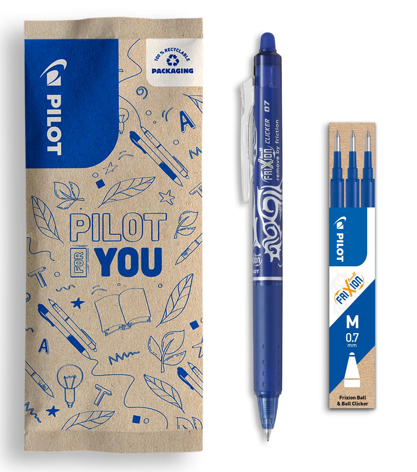 PILOT Frixion Ball Clicker 07 Gel Ink Rollerball Pen Refills - Blue Ink, 0.7mm Tip, Pack of 3