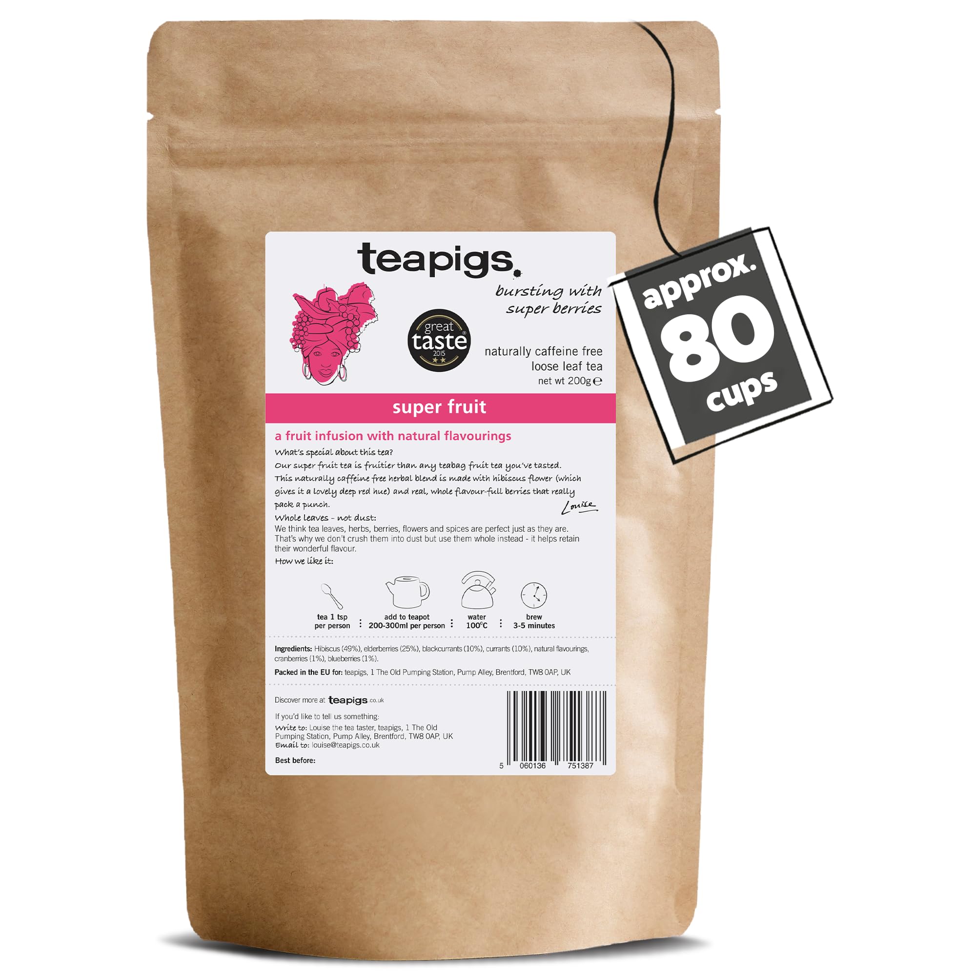 teapigs Super Fruit Tea - Caffeine-Free Herbal Loose Leaf with Hibiscus and Whole Berries, 200g