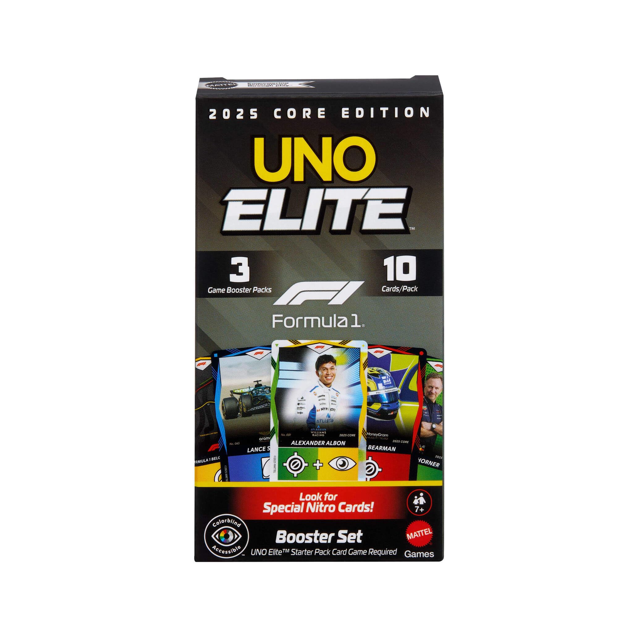 Mattel Games UNO Elite Formula 1 Booster Set 2 Pack with 60 Elite Action Cards, 2025 Core Edition