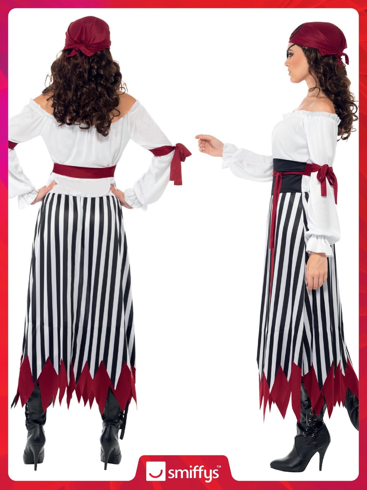 Smiffys Pirate Lady Costume - Black & White Dress with Arm Ties, Belt & Headpiece, Size M (UK 12-14) 6