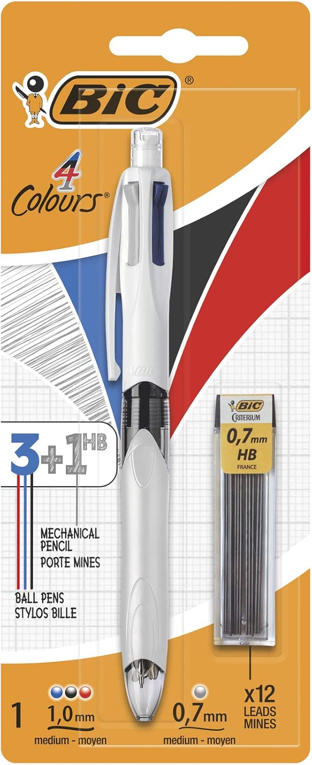 BIC 4 Colours Multifunctional Ballpoint Pen and HB Pencil Set with Built in Eraser, Set of 1 with 12 Refills