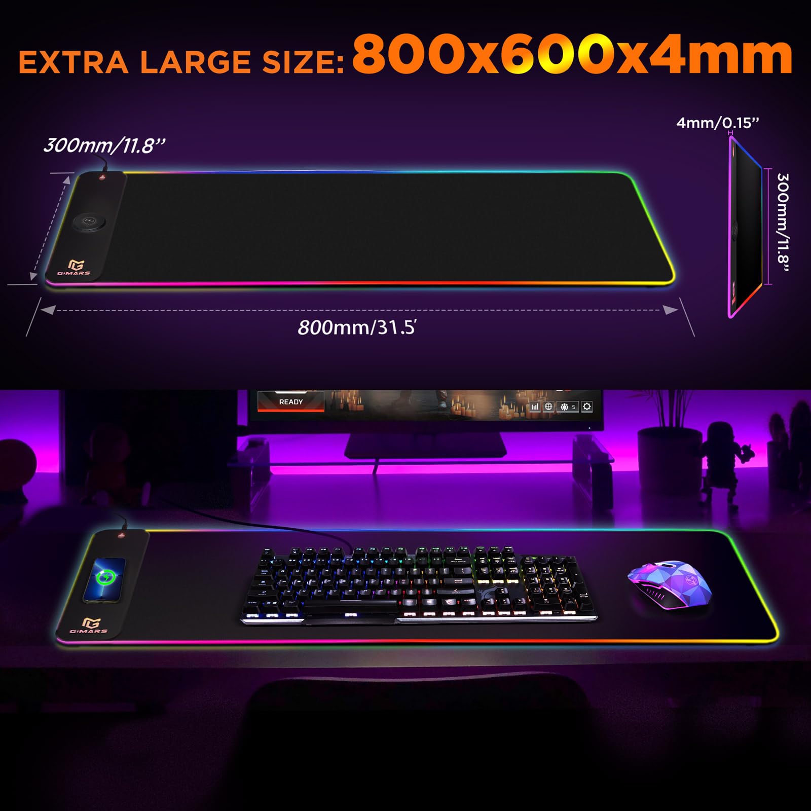 Gimars RGB Gaming Mouse Pad with 15W Wireless Charging, XL 800x300mm Micro Woven Fabric Mat 14
