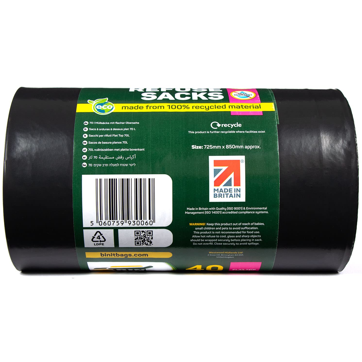 BIN IT 40 Everyday 70L Strong & Secure Bin Liners, 100% Recycled LDPE, 30 μm, Flat Top, Tear Resistant, Leak Resistant, Made in Britain 4