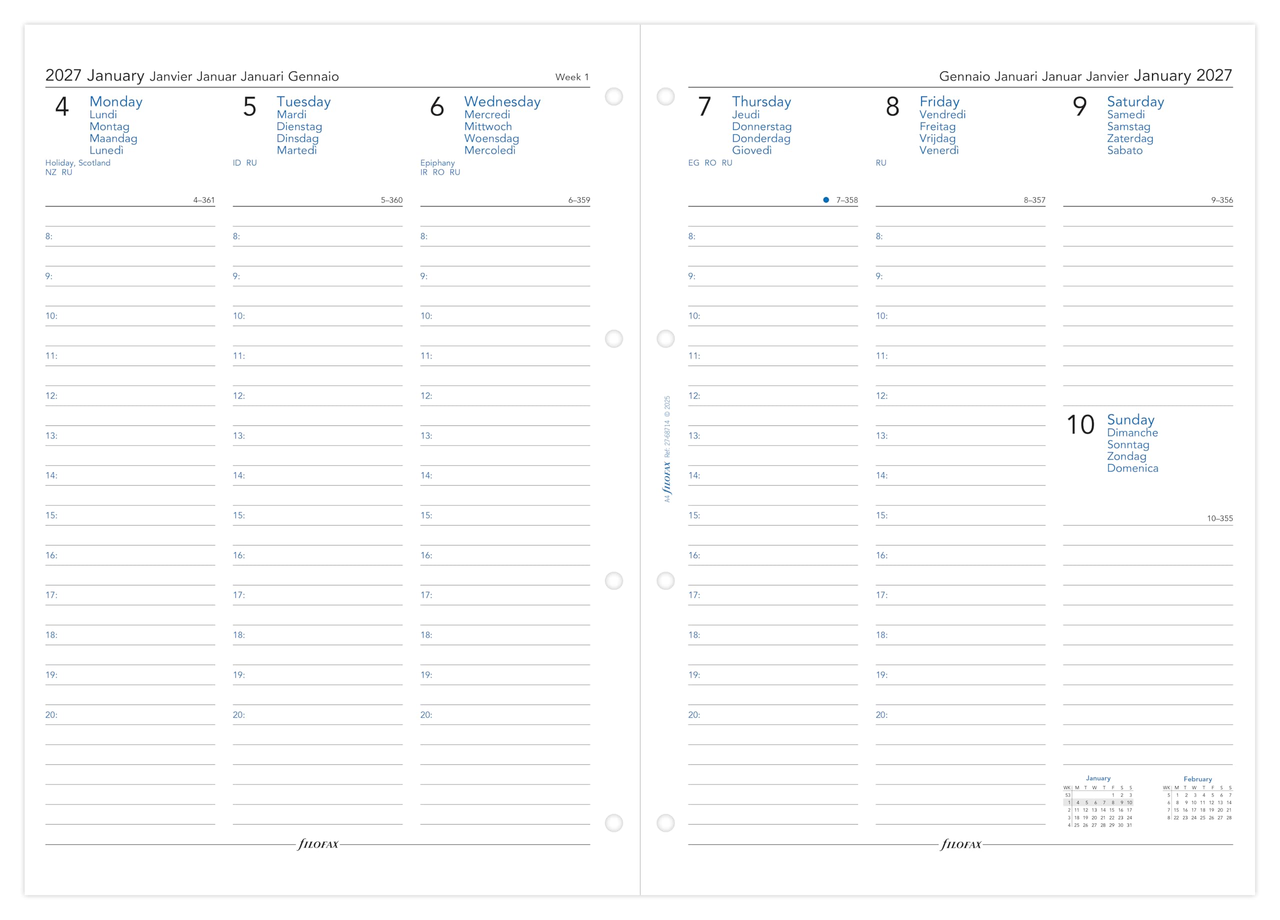 Filofax A4 2027 Diary Refill - Week on Two Pages with Appointments | 5 Language | 210mm x 297mm 2
