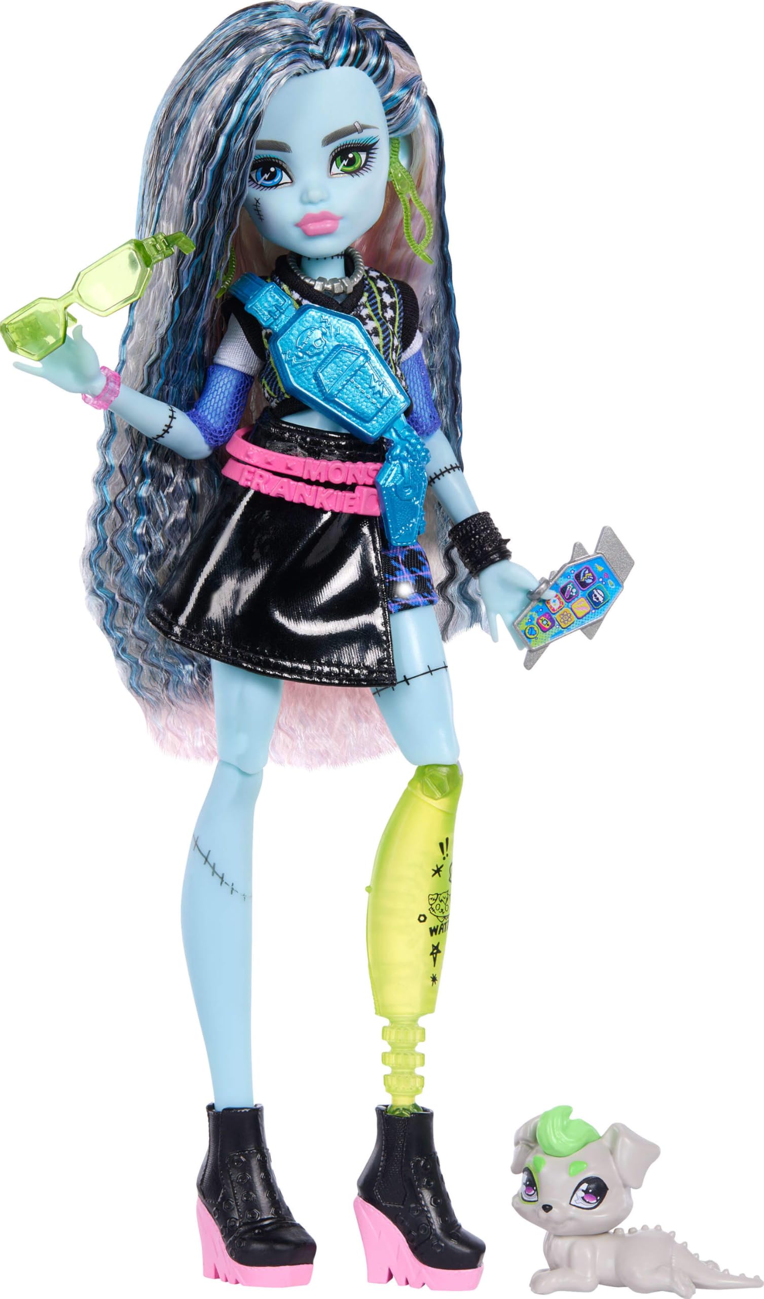 Monster High Frankie Stein Doll with Pet Watzie and 7 Accessories | Ages 4+ | JHK31