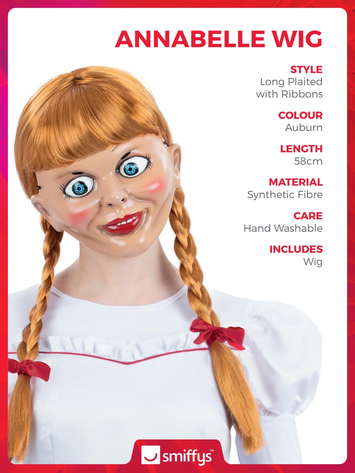Smiffys Annabelle Long Plaited Wig with Ribbons, Auburn, One Size 8