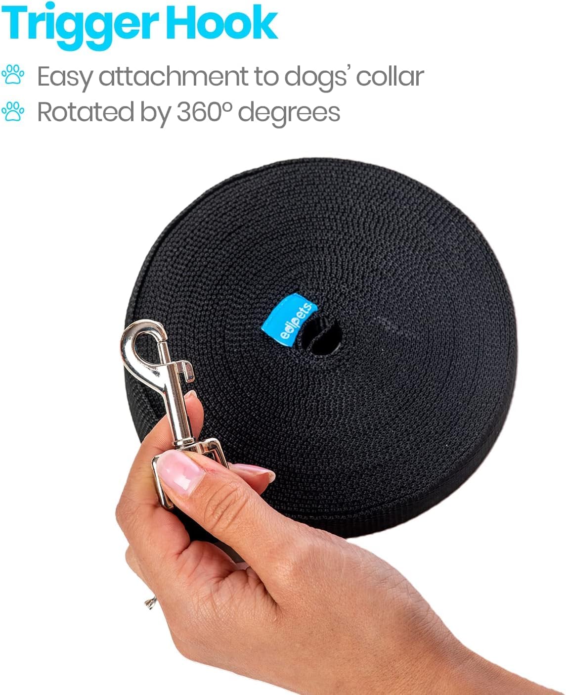 Edipets Durable Nylon Dog Training Lead - 10m Length | Stainless Steel Carabiner | Black 3