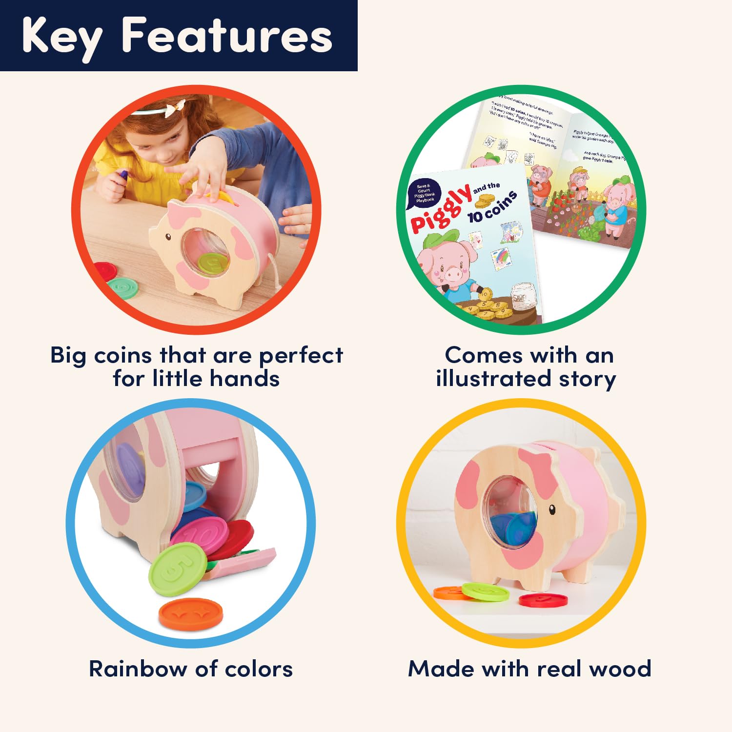 Battat Education Wooden Piggy Bank for Kids - Counting & Fine Motor Skills Toy | Ages 18M+ 3