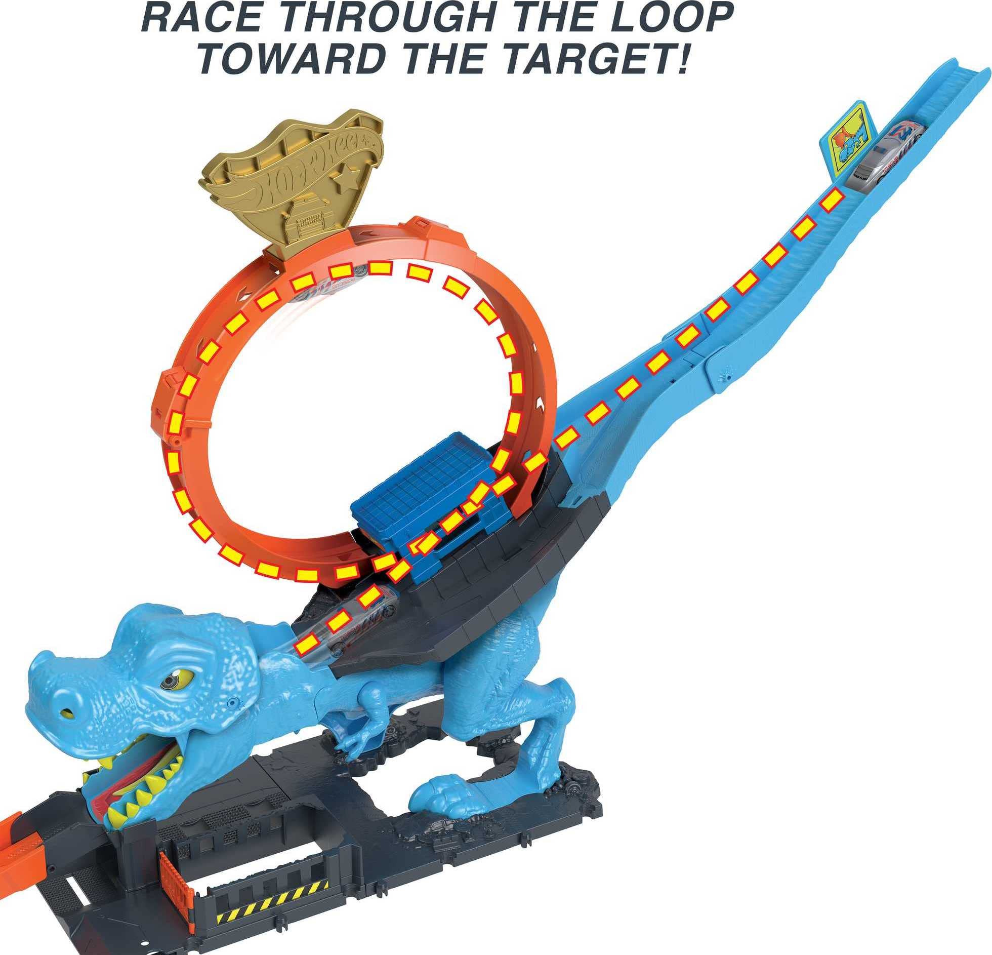 Hot Wheels City T-Rex Chomp Down Racetrack Playset - Stunt Loop with Slam Launcher & Knock-Down Dinosaur, Includes 1:64 Scale Car 4