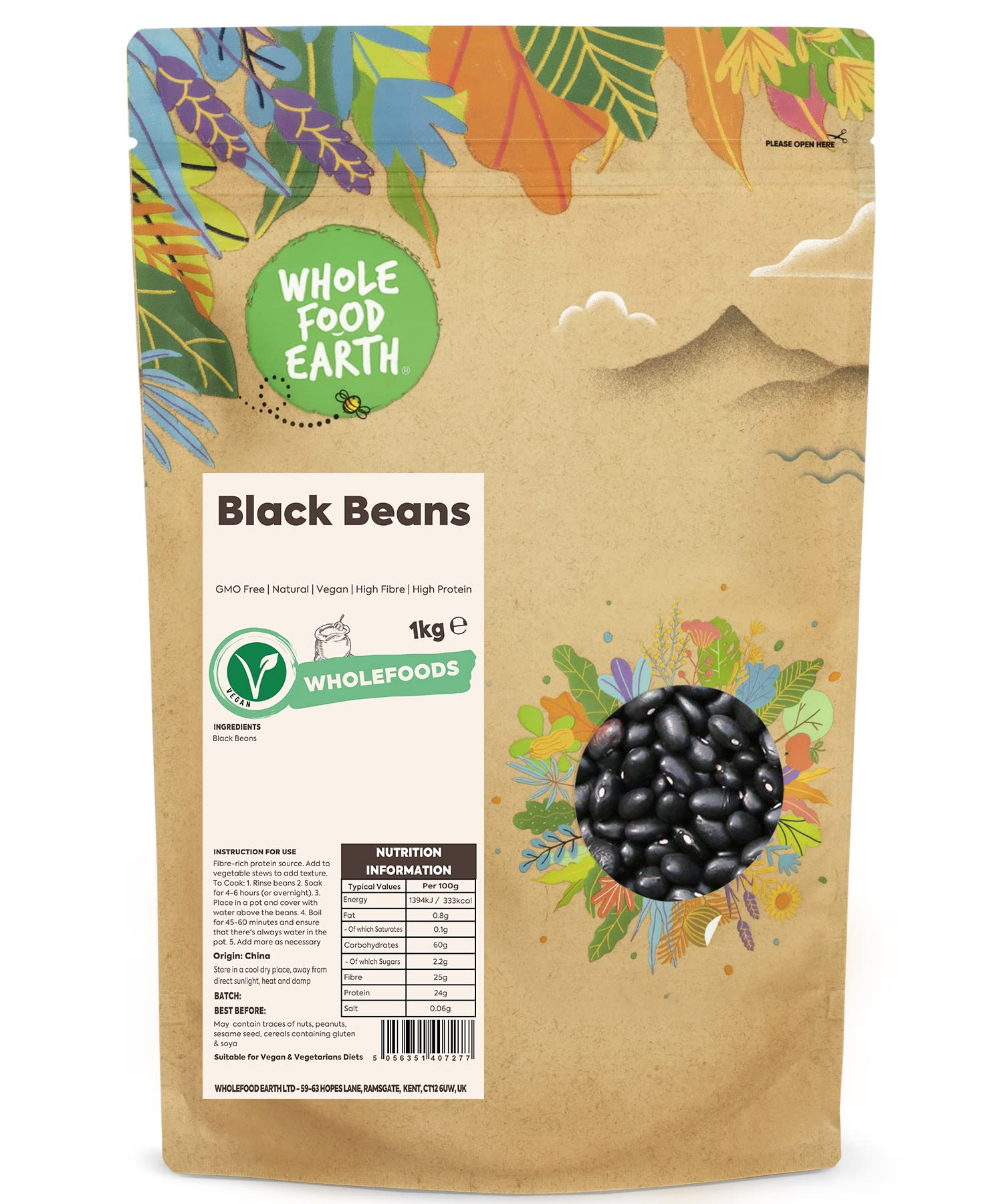 Wholefood Earth Black Beans 1 kg | GMO Free | Natural | High Fibre | High Protein | Vegan