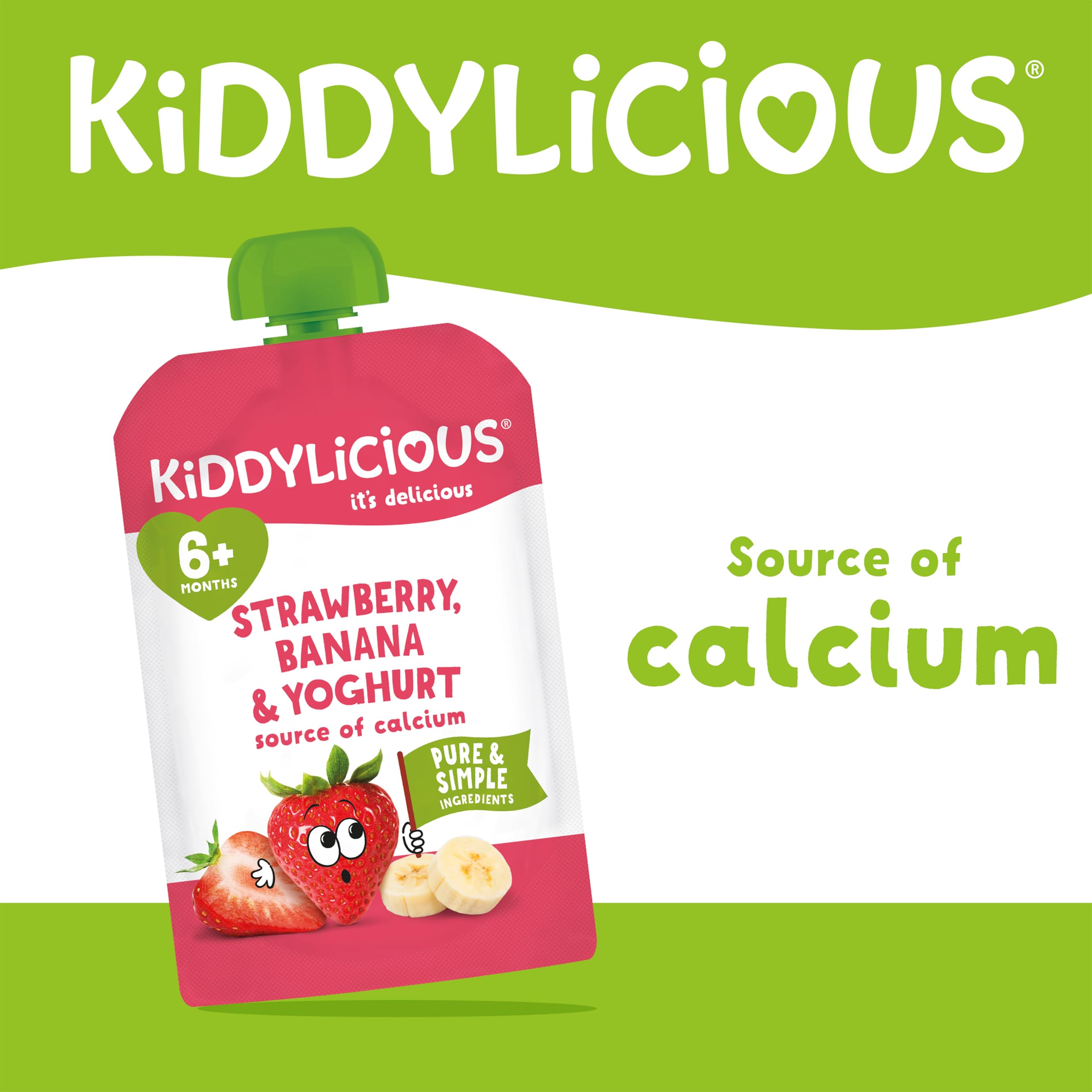 Kiddylicious Strawberry & Banana Yoghurt Pouches - 100g (Pack of 6) | Source of Calcium