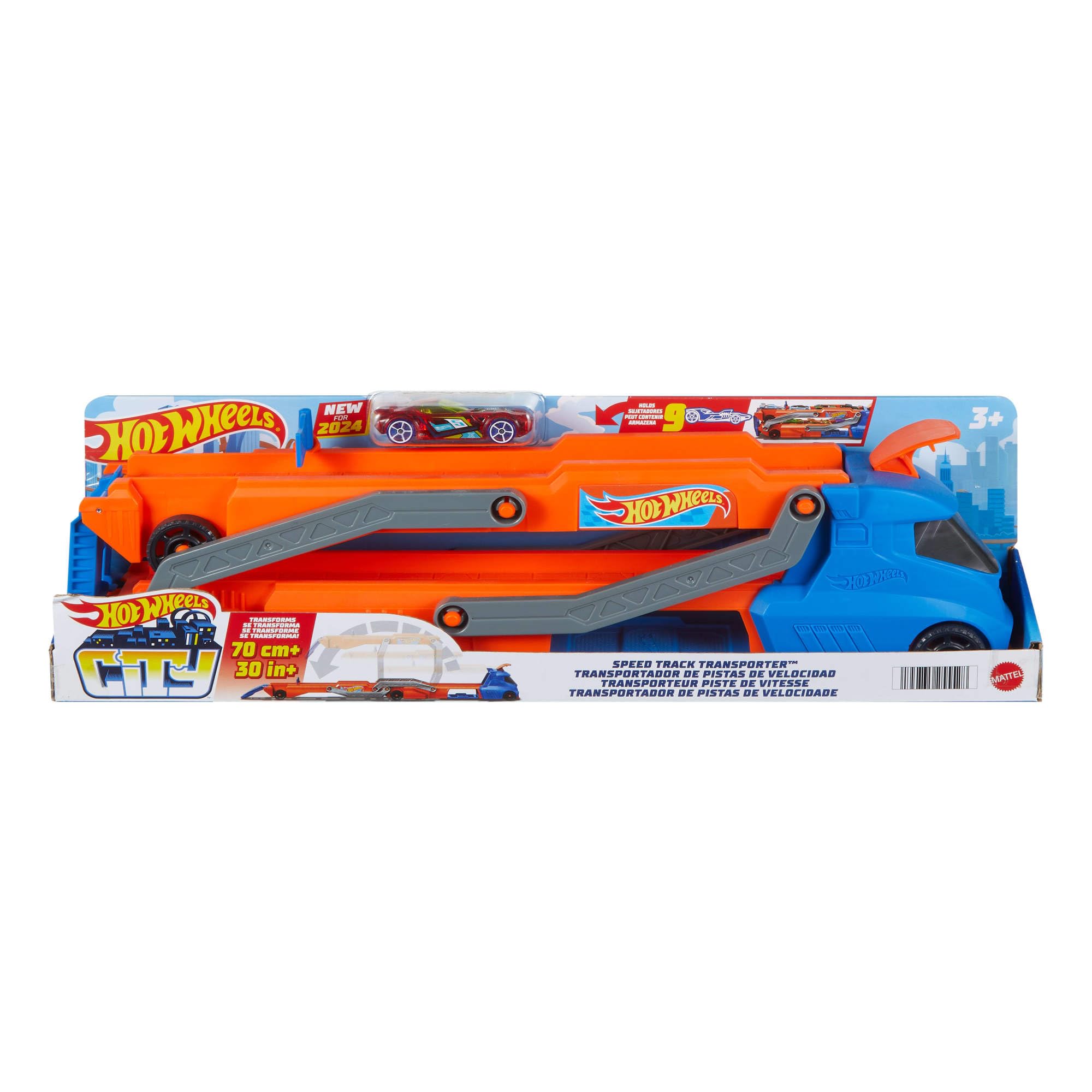 Hot Wheels Speed Track Transporter Playset - Orange City Speed Vehicle with 1:64 Scale Car & 2.5-Foot Track for Kids 6