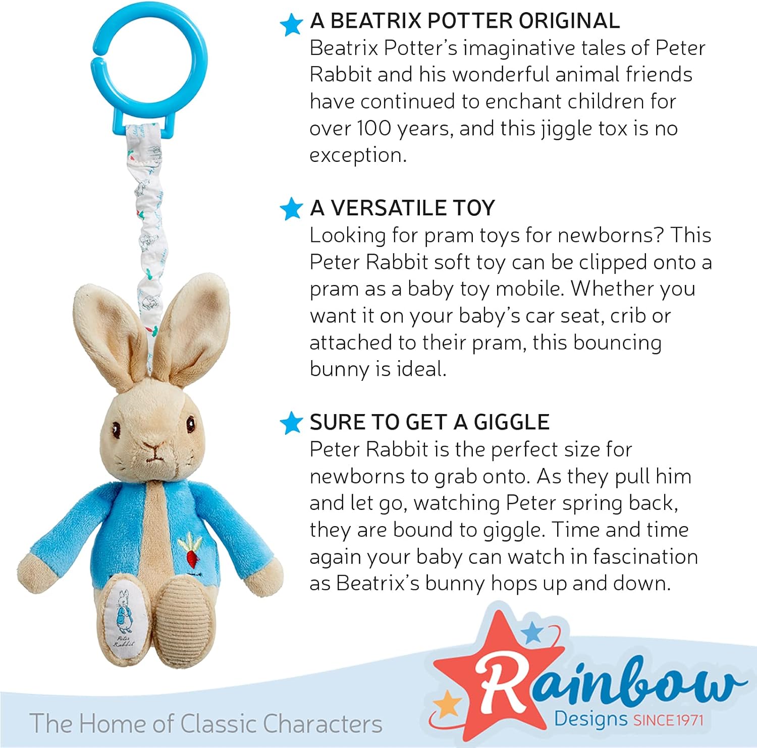 Beatrix Potter Peter Rabbit Jiggle Attachable Soft Toy - 18.5cm Bouncing Bunny for Pram, Car Seat & Crib 4