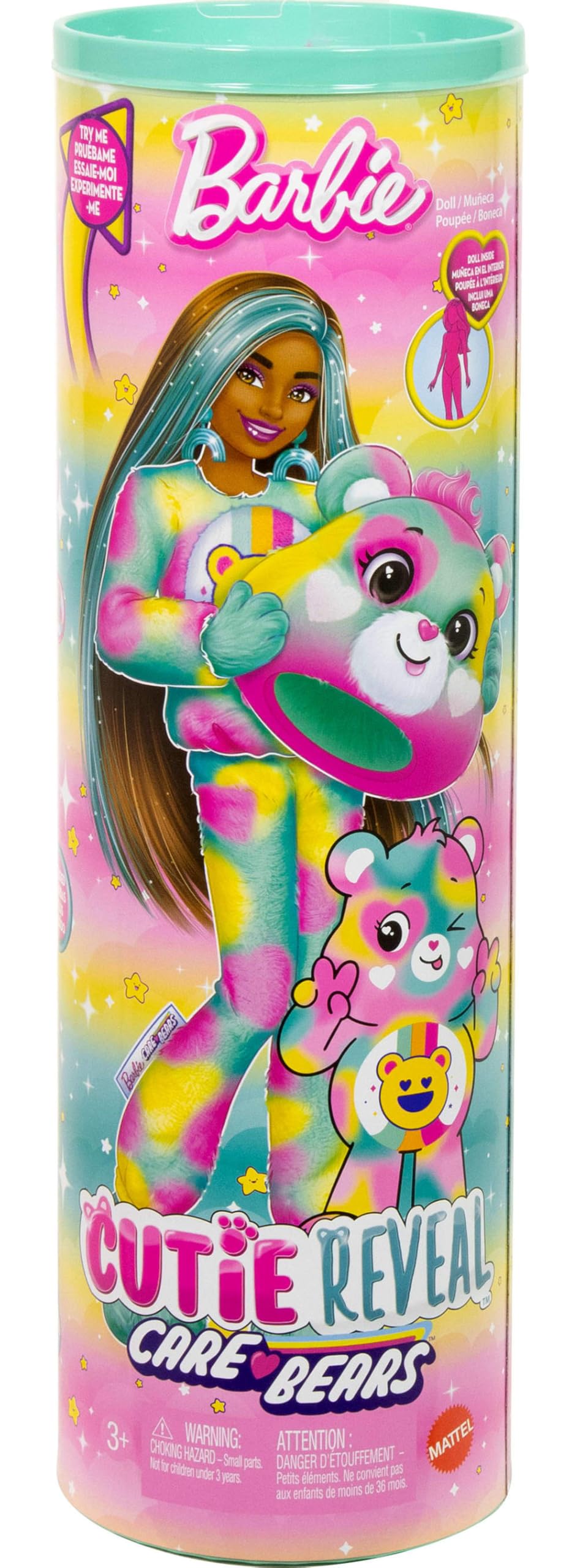 Barbie Cutie Reveal Care Bears Doll - Good Vibes Bear with Transforming Fashion Doll & 10 Surprises