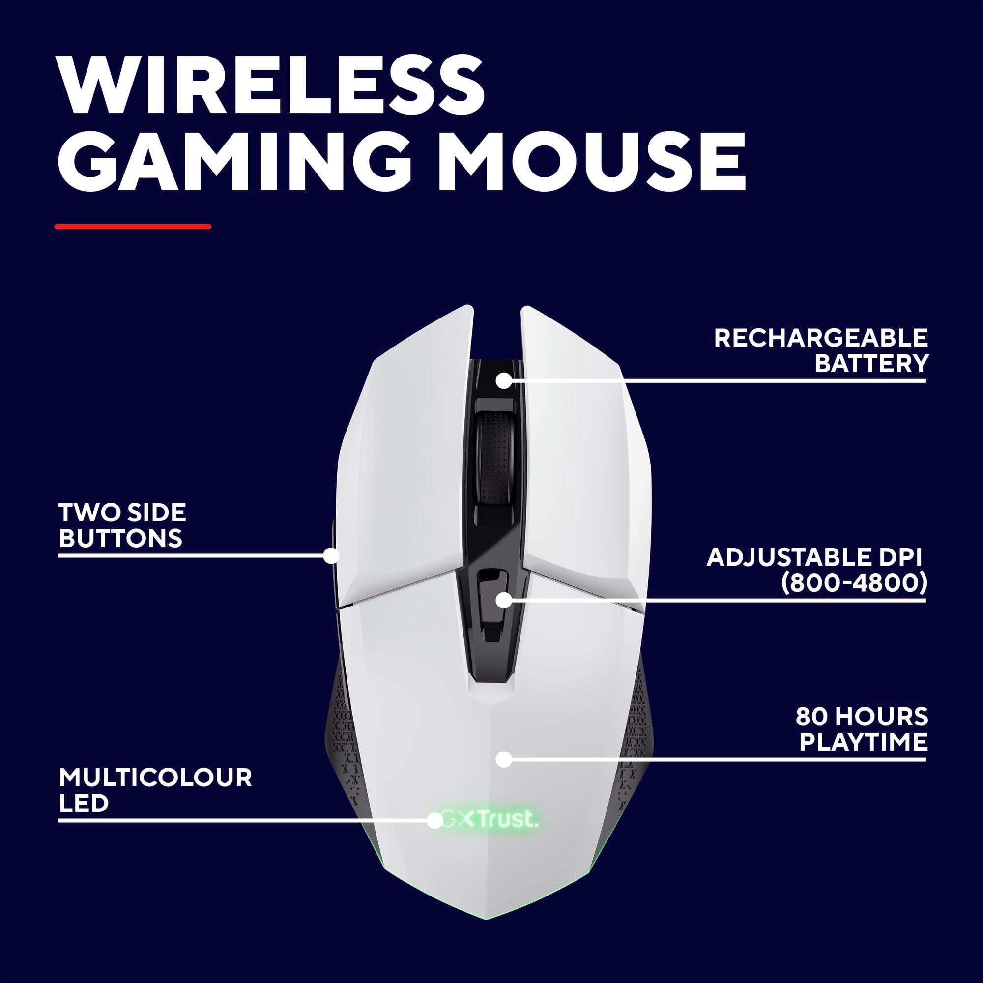 Trust Gaming GXTrust 1108W Vylax Rechargeable Wireless Gaming Mouse – 80h Battery, 800-4800 DPI, RGB Lighting, 6 Buttons, White 9