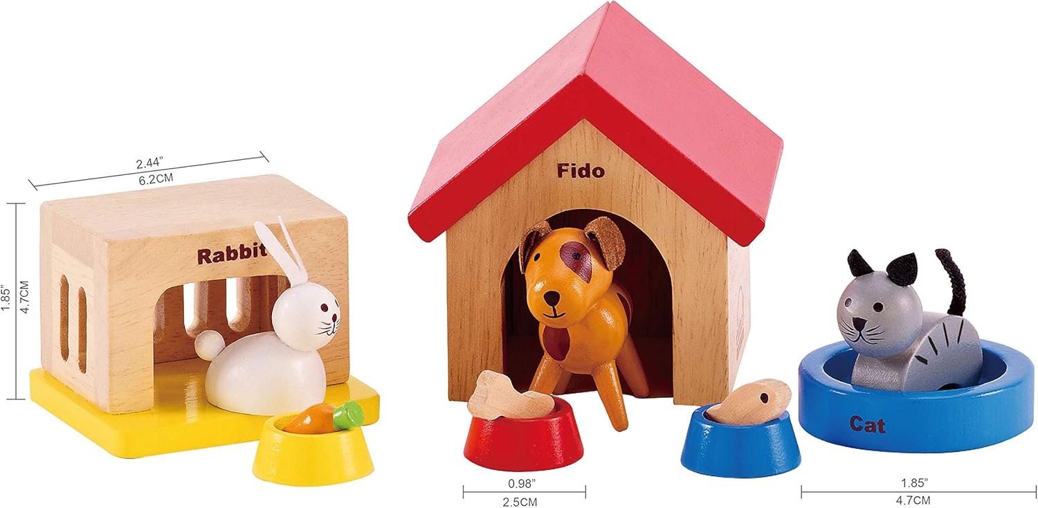 Hape Family Pets Wooden Playset - Dog, Cat, Bunny with Homes & Food Bowls for 3+ Years 3