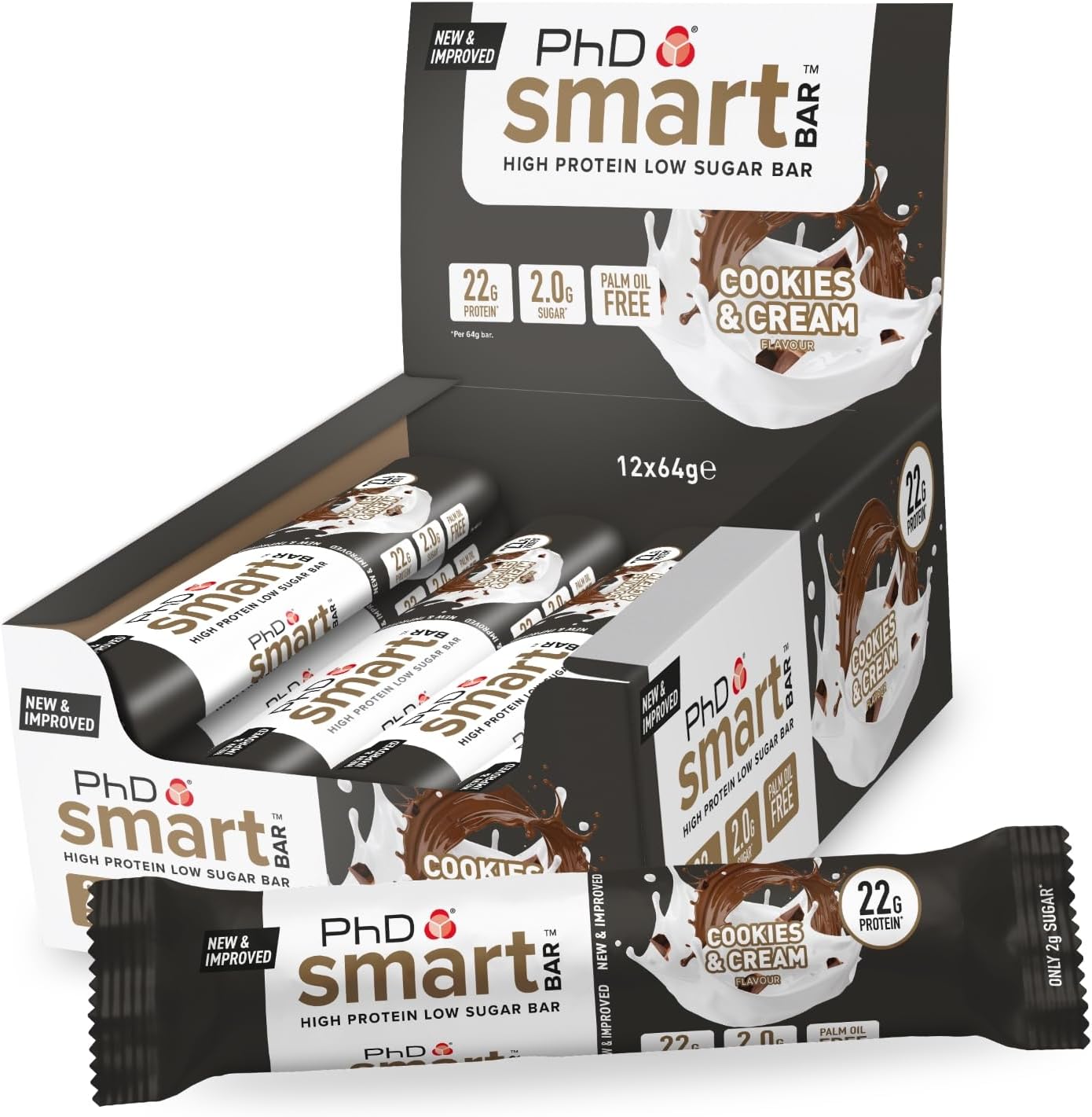PhD Nutrition Smart Protein Bar Low Calorie, High Protein, Low Sugar, Cookies and Cream, 12 x 64g