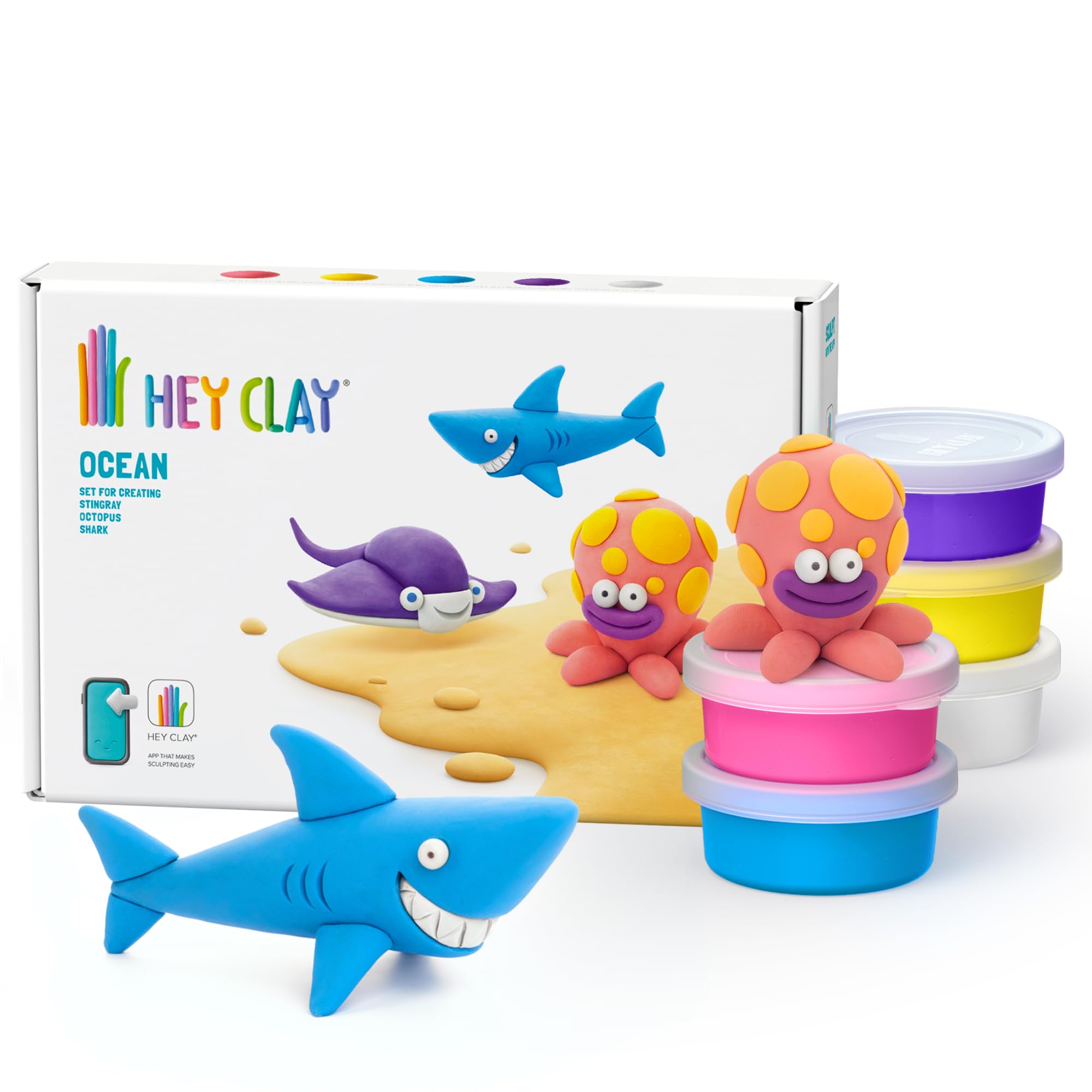 HEY CLAY Ocean Set: Shark, Octopus, Stingray Modeling Clay Kit | Air Dry | Interactive App