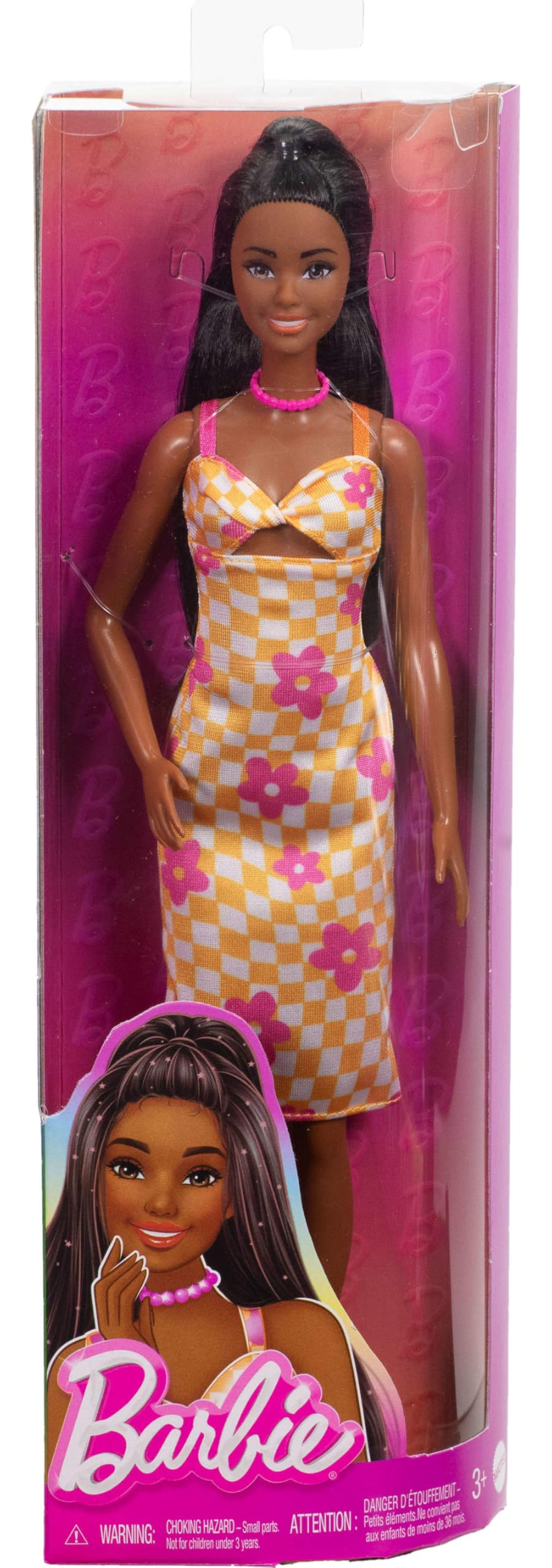 Barbie Fashionistas Doll #233 - Black Hair, Checkered Orange & White Dress