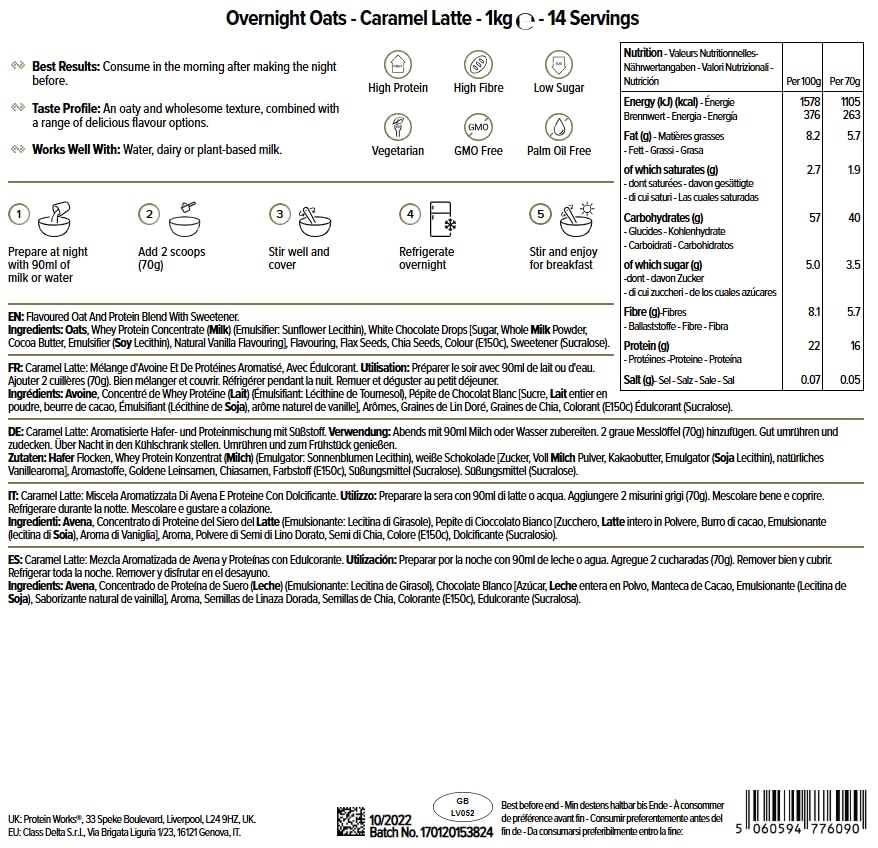 Protein Works Overnight Oats - Caramel Latte High Protein Breakfast, Low Sugar, Low GI Oats with Chia & Flax Seeds, 1 Kg 8