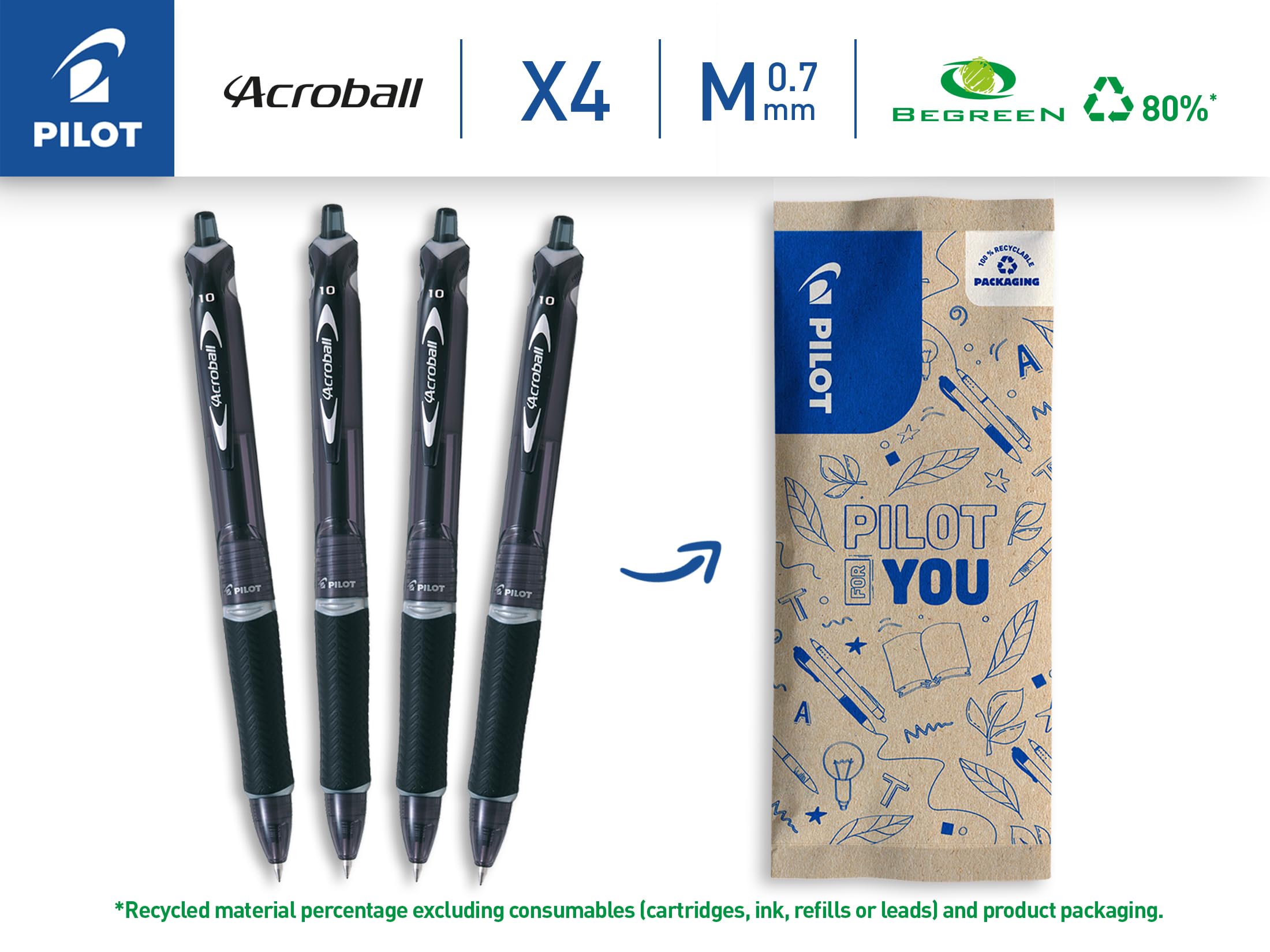 PILOT Acroball Retractable Ballpoint Pen - Black Ink, 1.0mm Medium Tip | Pack of 4 2