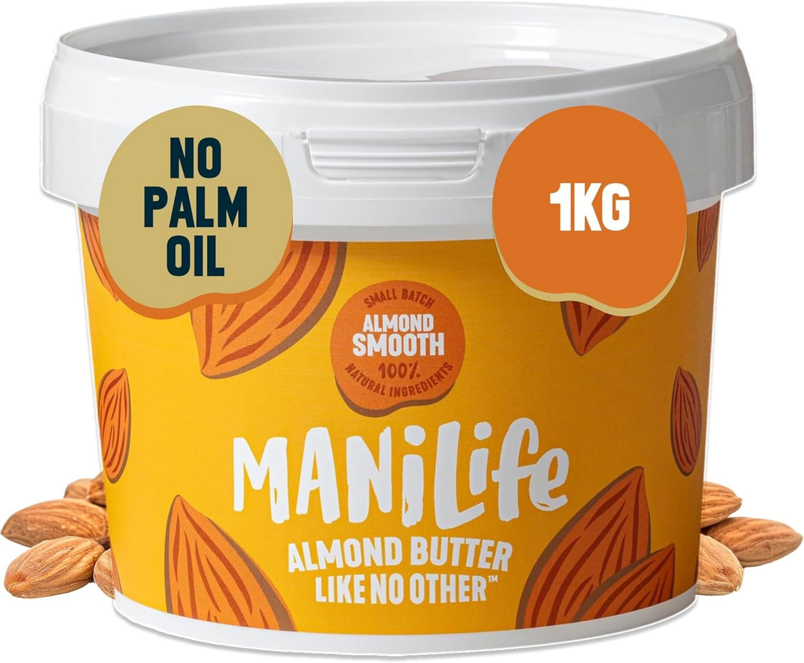 MANÍLIFE Smooth Almond Butter, 1kg Jar - Vegan Nut Spread with Sea Salt
